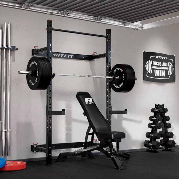 RitFit Multi-Functional Folding Squat Rack for Home Gym, 2.36'' x 2.36'' Wall Mounted Squat Rack with Attachments - Space Saving Squat Power Rack - Image 8