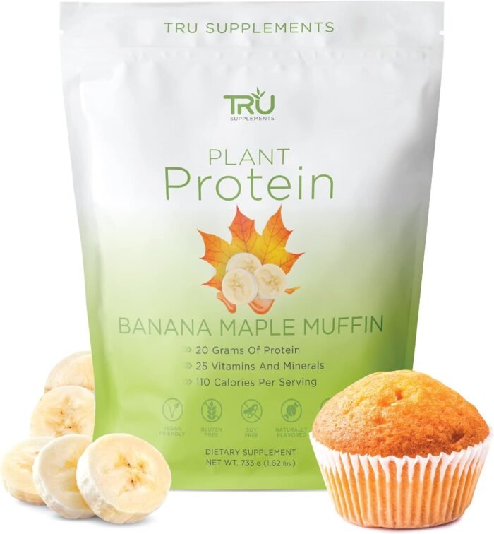 TRU Supplements Plant Based Protein Powder, BCAA, EAA, 20g Vegan Brown Rice & Pea Protein, 100 Calories, 27 Vitamins, No Artificial Flavors 25 Servings (Banana Maple Muffin) - Image 2
