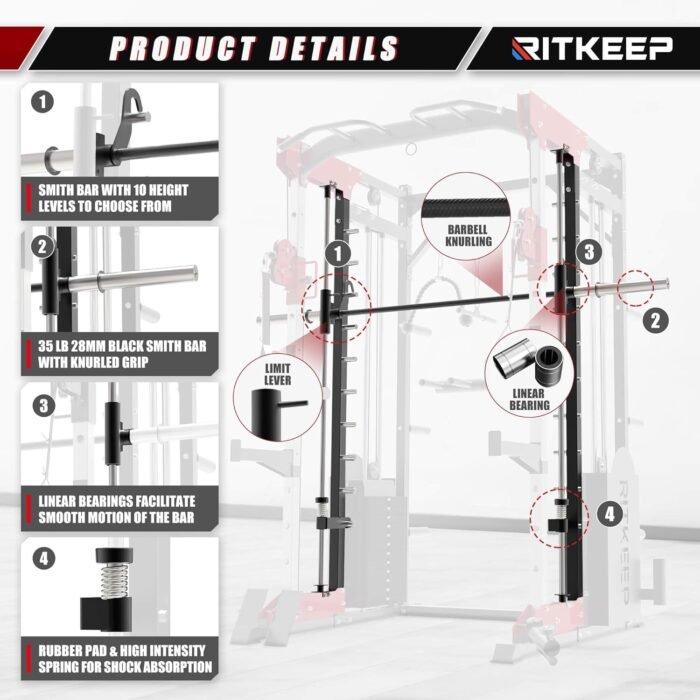 RitKeep PMAX 5600 Home Gym SmithΔ Machine, 6-in-1 Strength Training System with 326lb Dual Weight Stacks, Multi-Accessories Including Chin-up, Dip Bar, Low Row and Landmine. - Image 6