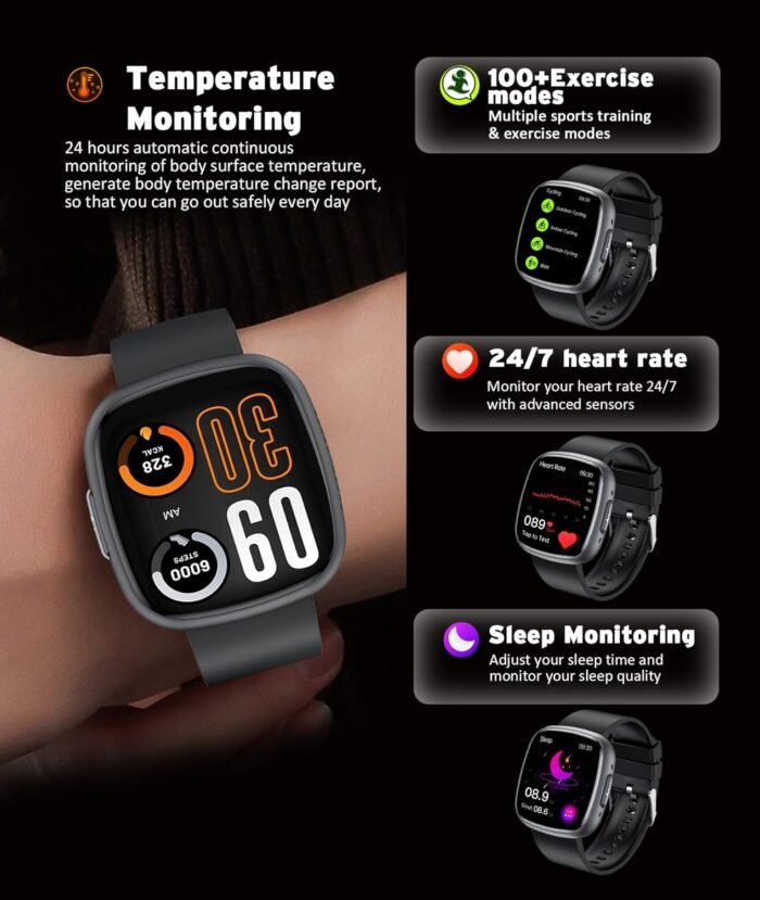 Advanced Health & Fitness Smartwatch,1.72'' HD Touchscreen,Men's Women's Smartwatch,100+ Exercise Modes,24/7 Heart Rate,Blood Oxygen,Stress,Sleep Tracking,Waterproof Fitness Tracker (Black) - Image 4