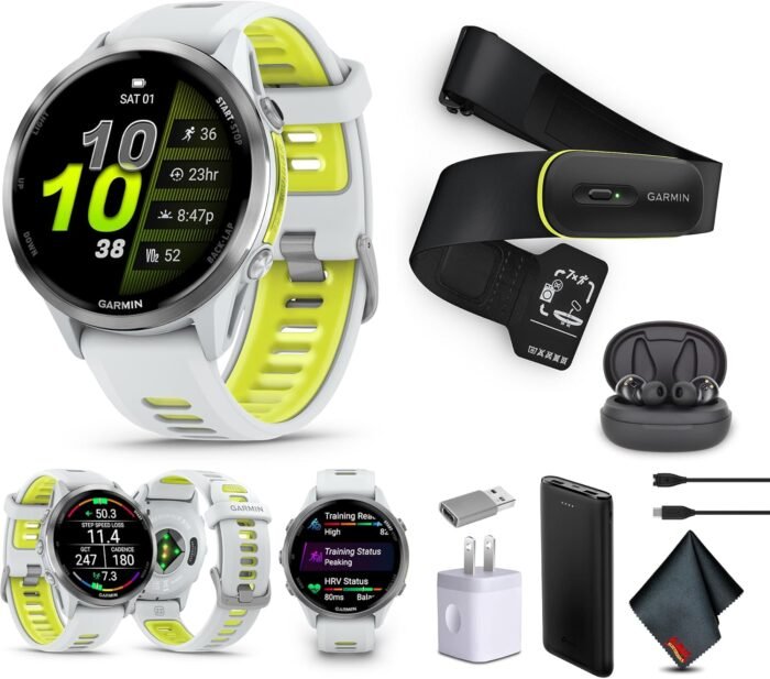 Garmin Forerunner 970 Running Smartwatch, GPS Fitness Watch for Men and Women, Titanium with Whitestone Case and Whitestone/Translucent Amp Yellow Band​​ + Access 600 Fitness Monitor, XS-S​​ + More - Image 2