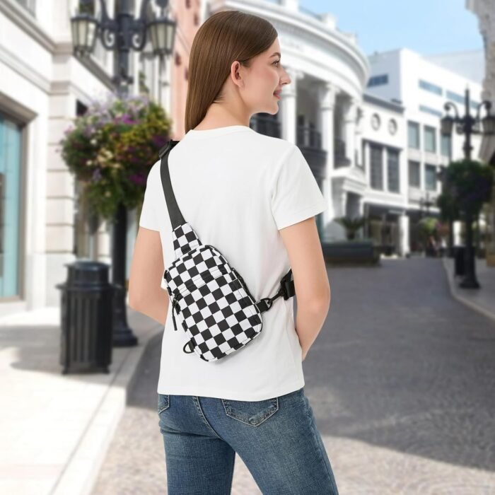 Small Checkered Crossbody Sling Bag Chest Bag Water Resistant Fanny Pack Running Phone Holder for Women Men Workout Travelling Hiking(Black) - Image 4