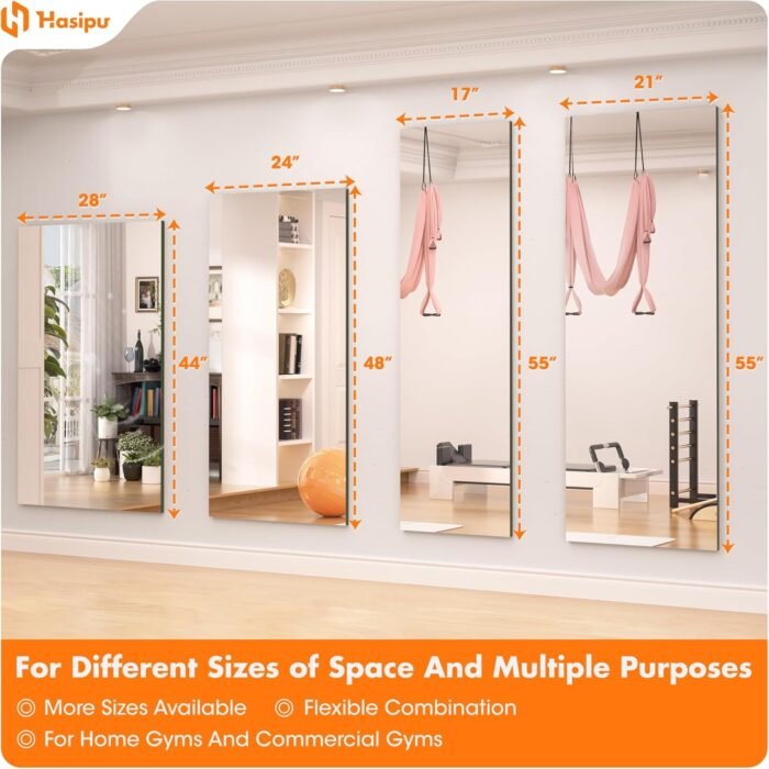 Hasipu Home Gym Mirror 55"x17"(Each)-3 PCS gym mirrors for home, gym wall mirror for fitness, garage, dance studio, 0.16in tempered glass frameless mirror-UL - Image 10