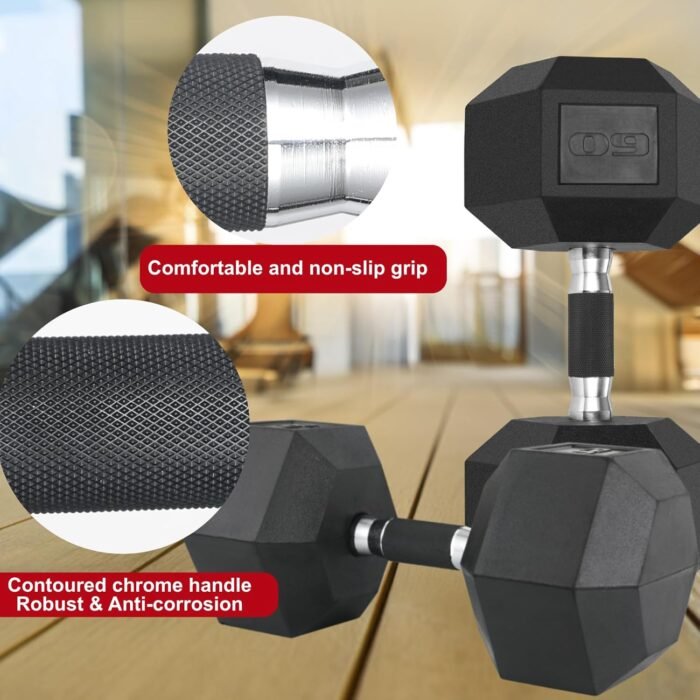LIFERUN Rubber Grip Dumbbells Rubber Coated Cast Iron, with Anti-Slip Hex Black Dumbbell, Free Weights Dumbbell Set, 60lb/ 65lb/ 70lb/ 75lb dumbbells set of 2 - Image 4