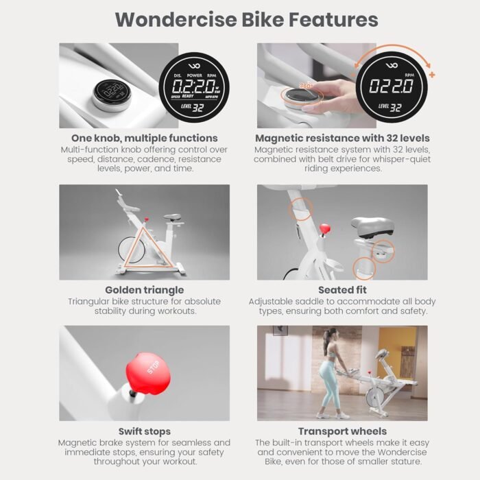 WONDER CORE Indoor Cycling Exercise Bike, WONDERCISE Bike - 13.2LB Flywheel, 32-Level Resistance, Silent Belt Drive, Bluetooth Connectivity, Tablet Holder, Adjustable Seat/Handlebars (White) - Image 3