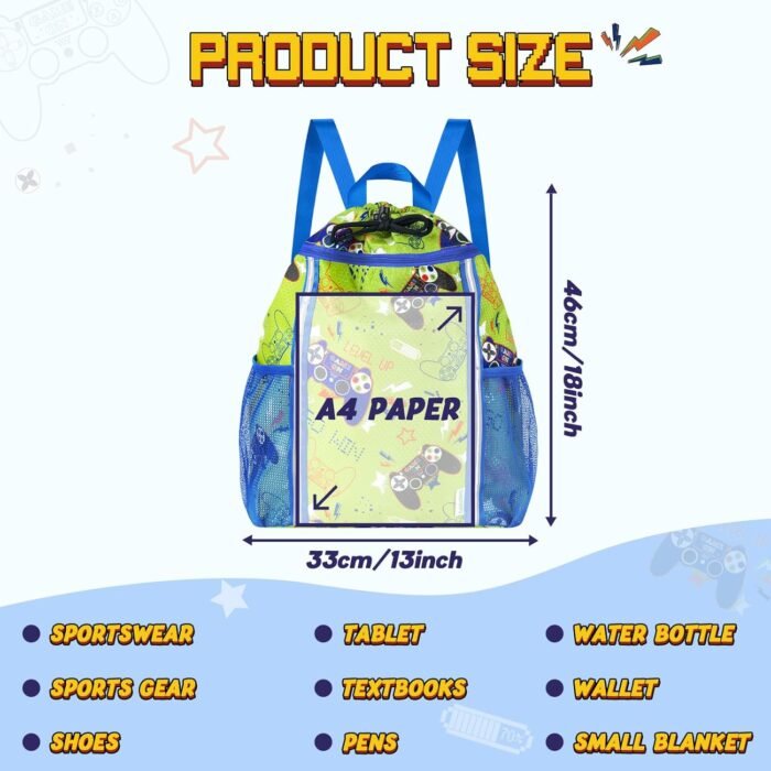 WAWSAM Kids Gym Drawstring Backpack String Bag, Game Sports Gym Bag for Kids Boys Waterproof Swimming Beach String Cinch Backpack with Two Water Bottle Pocket - Image 3
