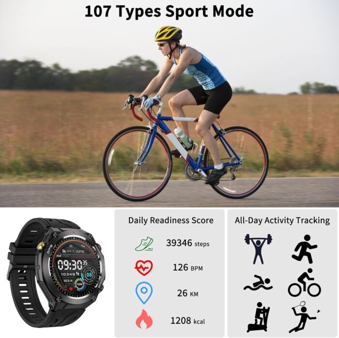 Military Smart Watch with GPS, Pressure/Altitude/Compass, Rugged Smartwatch for Men with 650mAh Extra-Large Battery, Answer/Make Call, 100+ Sports Mode, Metal Body Fitness Tracker for Android iOS - Image 6