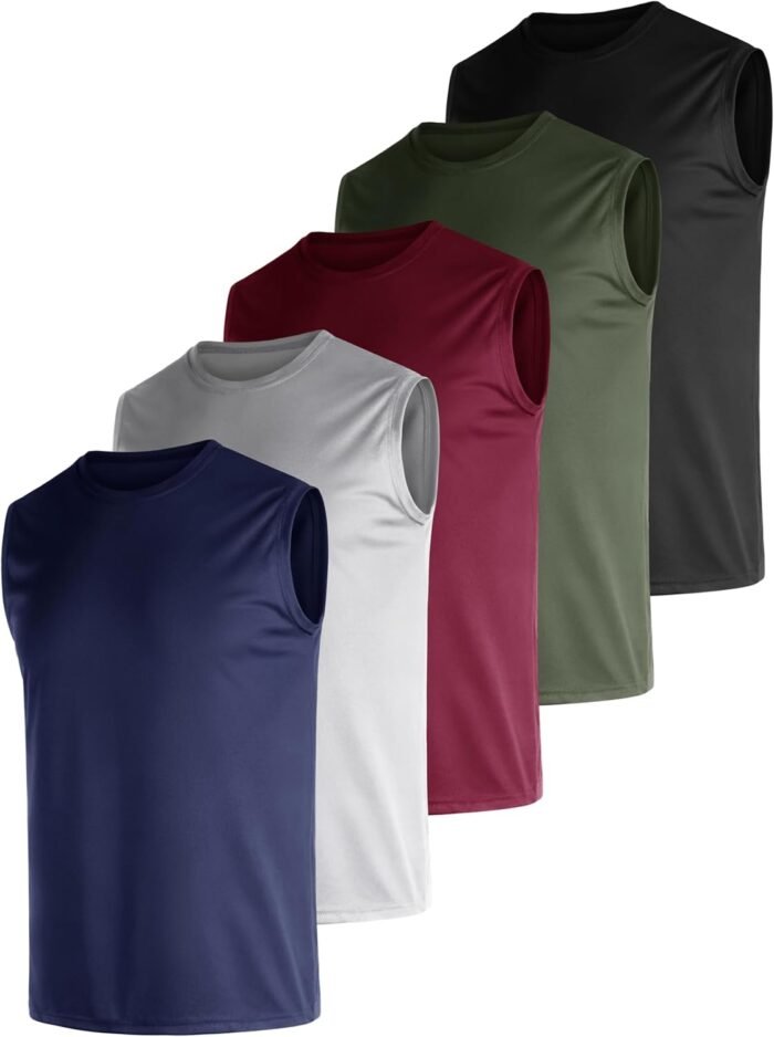 Men's 5 Pack Dry Fit Quick Dry Tech Performance Sleeveless T Shirts Mesh Workout Gym Muscle Running Tank Tops - Image 2
