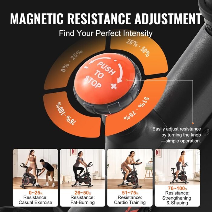 VEVOR Exercise Bike, Adjustable Magnetic Resistance Stationary Bike, Indoor Cycling Bike for Home Cardio, Workout Bike with Silent Belt Drive, Comfortable Seat Cushion, LCD Monitor, and Heavy Flywheel - Image 4