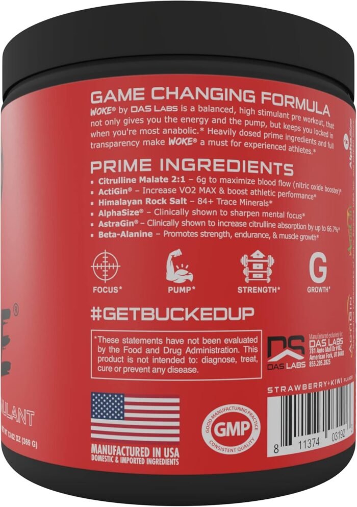 Bucked Up - Woke - HIGH STIM Pre Workout - Best Tasting - Focus Nootropic, Pump, Strength and Growth, 30 Servings (Strawberry Kiwi) - Image 5