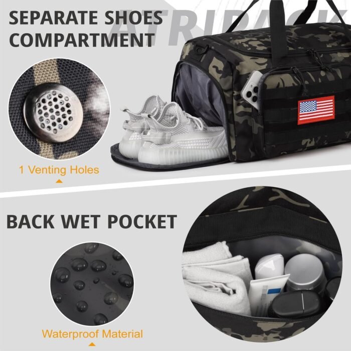 Tactical Gym Bag For Men, 40L Large Capacity Duffle Bags With Shoes Compartment, Sports Bag With Wet Compartment, Multi-Functional Weekend Bags Suitable For Travel, Camping,Hiking - Image 8