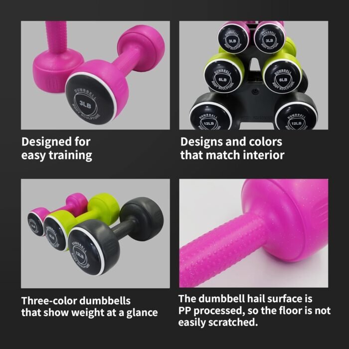 Body Sculpture Weights Set Free-Weight Dumbbell Set with Rack Set includes 3, 6 and 12 lb Weights ideal for men and women for small and large muscle groups - Image 6