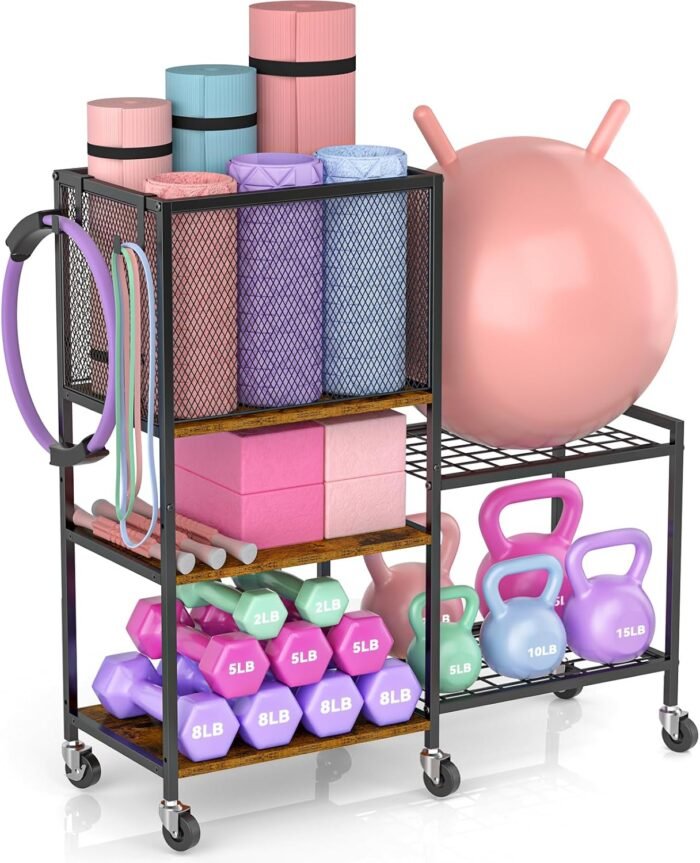 5 Tier Dumbbell Rack, Yoga Mat Storage Holder, Home Gym Storage Rack, Workout Equipment Storage Organizer, Weight Storage Holder Rack with Hooks and Wheels - Image 8