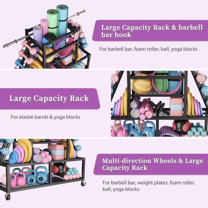 Dumbbell Rack Weight Rack Storage-Large Dumbbells Rack Home Gym Storage,Multilevel Workout Storage Organizer with Wheels and Barbell Holder,Perfect for Yoga Mat Balls Kettlebells and Fitness Gear,black - Image 5