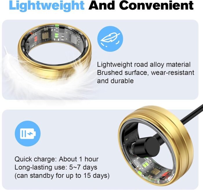 Smart Ring Health Tracker for Men/Women,Fitness Ring Sleep Tracker,Fast Charging for Long-Lasting Use,for Pedometer Exercise,Monitor Sleep, Heart Rate, Stress,Waterproof (Gold, 10) - Image 7