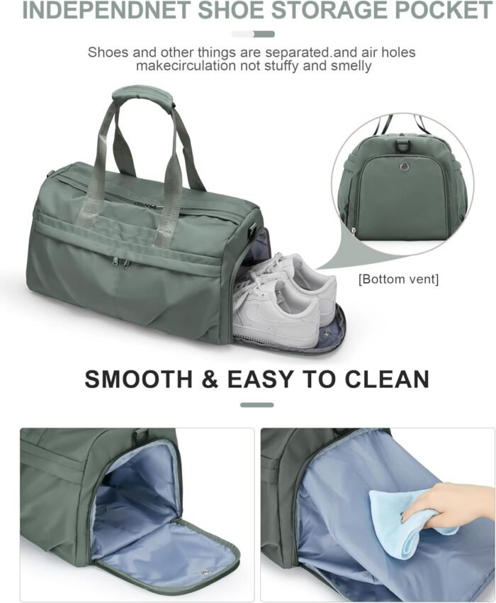 Gym Bag for Women Men with Shoe Compartment, Sport Duffel Bag, Waterproof Travel Weekender Overnight Carry on Bag for Yoga with Trolley Sleeve, Green - Image 6