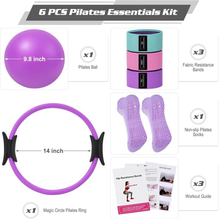 Pilates Essentials Kit for Home Women, Ring and Ball Set, Pilates Equipment for Workouts, 3 Resistance Bands, Grip Socks, 14 Inch Magic Circle, Mini Exercise Ball, Great Exercise Equipment - Image 8