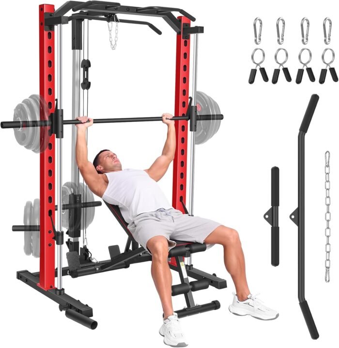 All in One Smith Machine with LAT-Pull Down, Multi-Functional Smith Machine, Power Cage with Cable Crossover, Squat Rack with Landmine, Barbell Bar, Plate Storage Pegs and More Training Attachment - Image 2