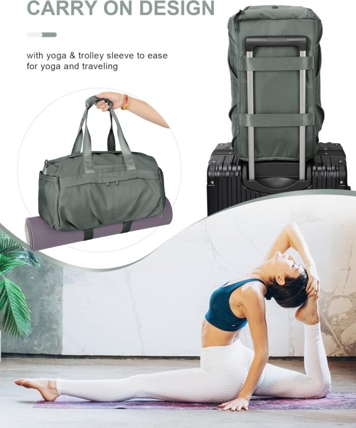 Gym Bag for Women Men with Shoe Compartment, Sport Duffel Bag, Waterproof Travel Weekender Overnight Carry on Bag for Yoga with Trolley Sleeve, Green - Image 3