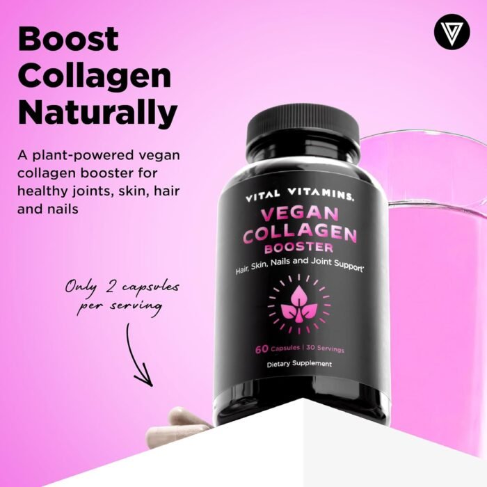 Vital Vitamins Vegan Collagen Booster - Plant-Based Collagen Supplements - Supports Hair, Skin, Nails & Joints - with Hyaluronic Acid - 60 Capsules - Image 3