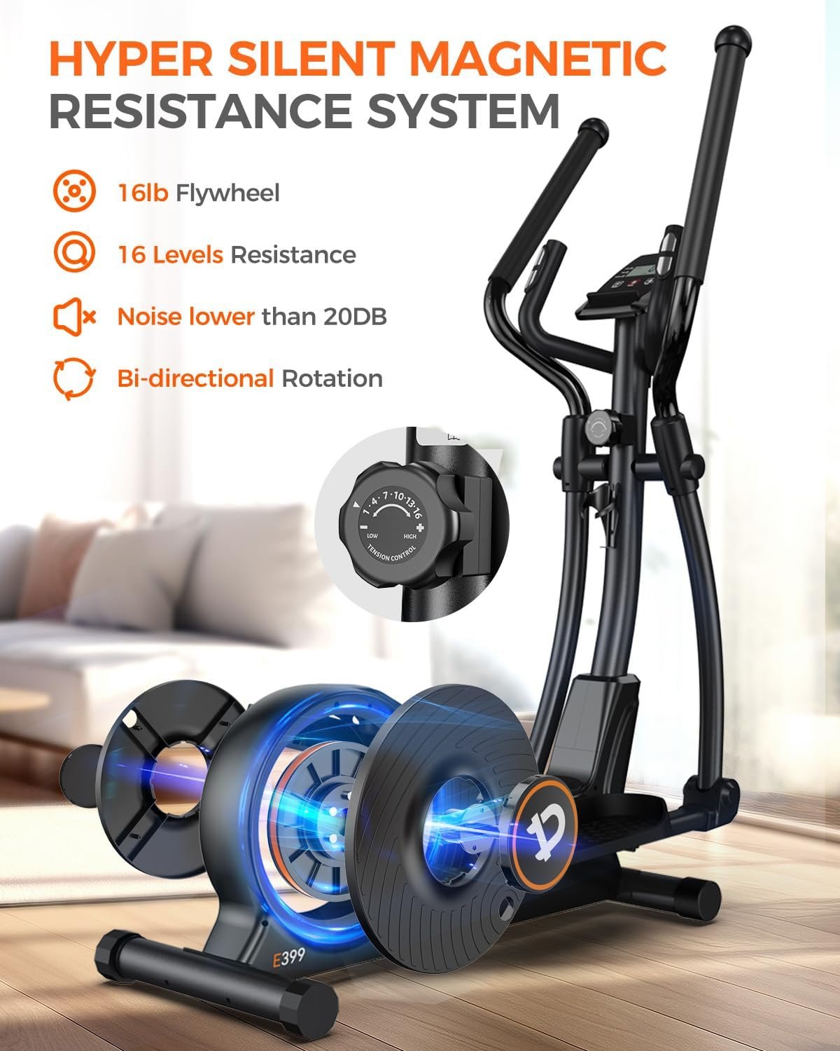 pooboo Elliptical Machine, Elliptical Exercise Machine with16-Level Resistance & Hyper-Quiet Magnetic Driving System, Elliptical Machine for Home with LCD Monitor&15.5IN Stride, 400LBS Weight Capacity - Image 3