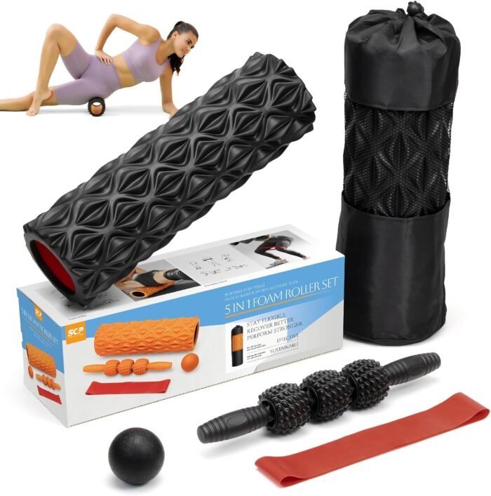 5 in1 Foam Roller Set, Trigger Point Foam Roller, Massage Roller Stick, Massage Ball, Resistance Band for Deep Muscle Massage Pilates Yoga,Fitness Exercise for Whole Body (Pure Black) - Image 9
