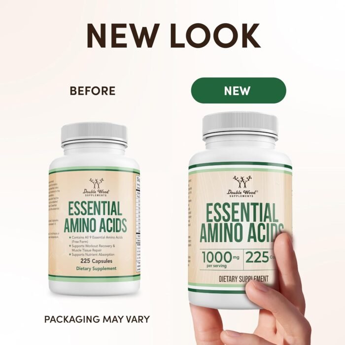 Essential Amino Acids - 1 Gram Per Serving Powder Blend of All 9 Essential Aminos (EAA) and All Branched-Chain Aminos (BCAAs) (Leucine, Isoleucine, Valine) 225 Capsules, Gluten Free by Double Wood - Image 4
