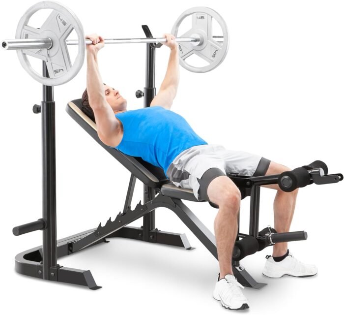 Marcy Olympic Workout Bench for Home Gym Strength Training Equipment with Preacher Curl Pad and Weight Rack Storage, White/Black - Image 7