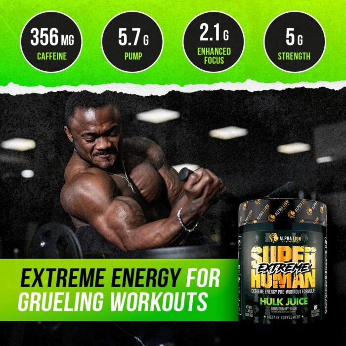 ALPHA LION Superhuman Extreme High Stim Pre Workout Powder, Beta Alanine, L-Taurine & 356mg Tri-Source Caffeine for Sustained Energy, Nitric Oxide & Citrulline for Pump (21 Servings, Sour Gummy Bear) - Image 4