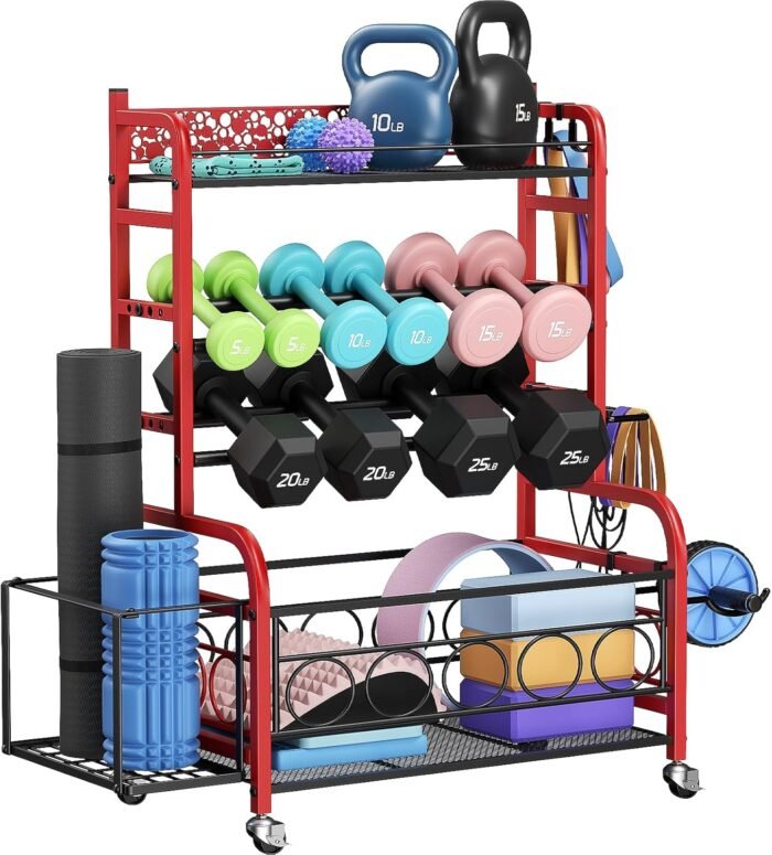 Dumbbell Rack, VOPEAK Weight Rack for Home Gym, Home Gym Storage Rack for Yoga Mat Kettlebells and Strength Training Equipment, Weight Storage Rack for Dumbbells with Wheels - Image 2