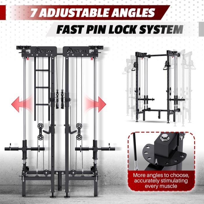 Folding Squat Rack, Wall Mounted Power Rack with Cable Crossover Machine & LAT Pull Down Multi-Function Space-Saving Power Cage with 7 Adjustable Modes/Dual Pulley System/Pull-up Bar/360°Landmine - Image 5