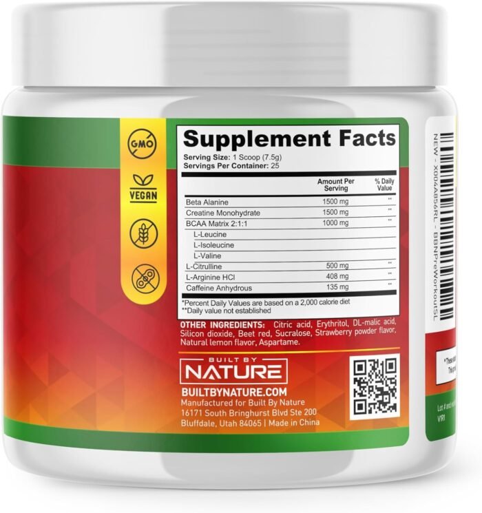 Built by Nature Pre Workout Powder with Beta Alanine, Creatine Monohydrate, BCAA, L Citrulline, L Arginine and Caffeine - Strawberry Lemonade Flavor - 25 Servings - Image 10