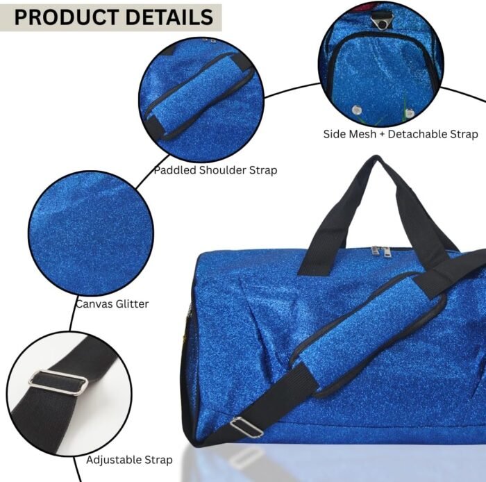 NGIL Glitter Cheer Gym Duffel Bag with Shoe Compartment, Small Travel Tote, and Overnight Carry-On for Women (Glitter-Royal) - Image 6
