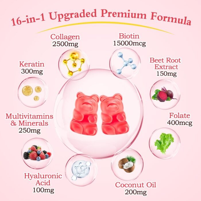 2 Pack Collagen Gummies for Women Men, Hydrolyzed Collagen Peptides Types I,II,III,V,X with Biotin & Hyaluronic Acid, Vitamins C A D E B12 K2 Support, Sugar-Free for Skin Hair Nails Immunity Energy - Image 4