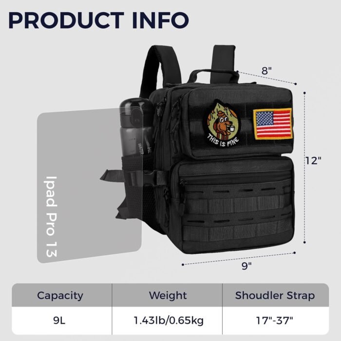 9L Mini Tactical Backpack Small Military Gym Bag for Men Women Molle Daypack Camping Backpack with Patch(Black) - Image 4