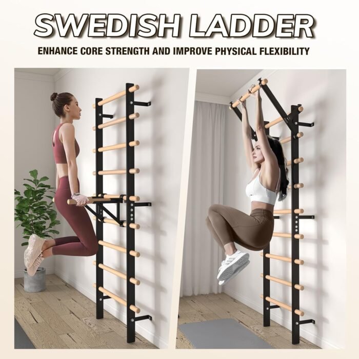 Swedish Ladder Wood Stall Bar, Suspension Trainer with Pull-Up Bar and Dip Bar Attachments, Wooden Stall Bar with 9 Strategic Rods for Core Strengthening and Stretching Balanced for Body Exercises - Image 5