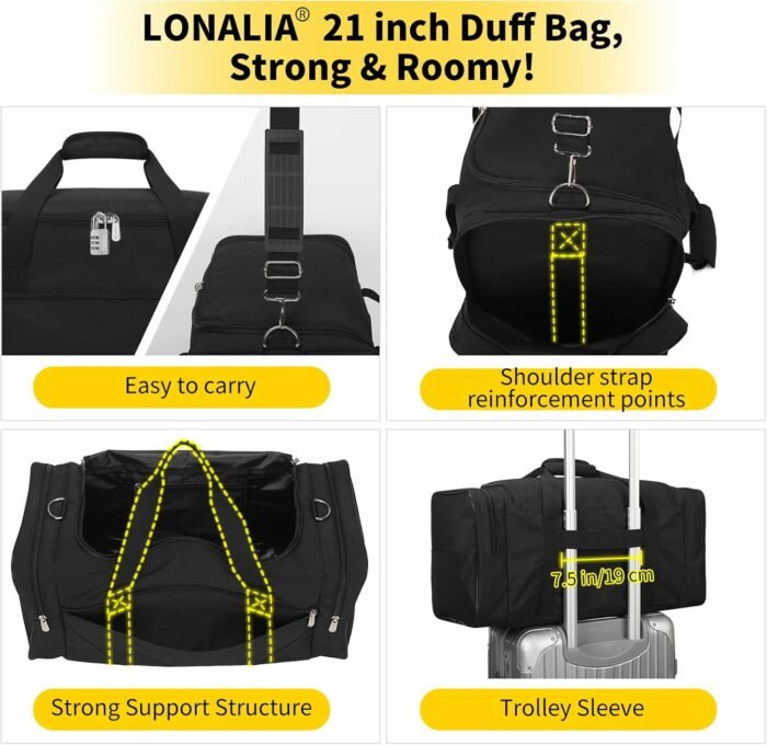 Gym Bag Sport Duffle Bag for Men - 21 in Weekender Travel Bag with Trolley Sleeve (Black) - Image 4