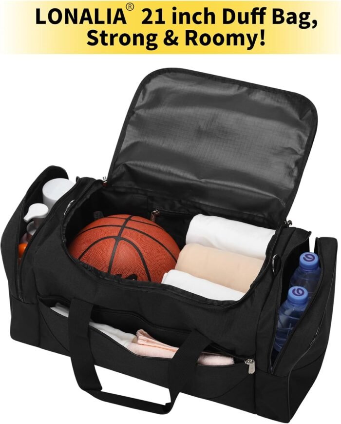 Gym Bag Sport Duffle Bag for Men - 21 in Weekender Travel Bag with Trolley Sleeve (Black) - Image 5