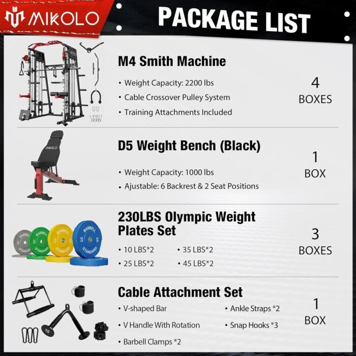 Mikolo Smith Machine, 2200lbs Squat Rack with LAT-Pull Down System & Cable Crossover Machine, Training Equipment with Leg Hold-Down Attachment, Garage & Home Gym Package - Image 3