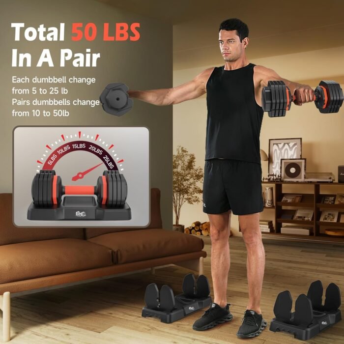 25LB 55LB Adjustable Dumbbells Set, 5LB to 25LB Dumbbell Pair,15LB to 55LB Weight Set of 2, Home Gym 50lbs/110lbs, Anti-Slip Handle for Exercise Equipment - Image 4