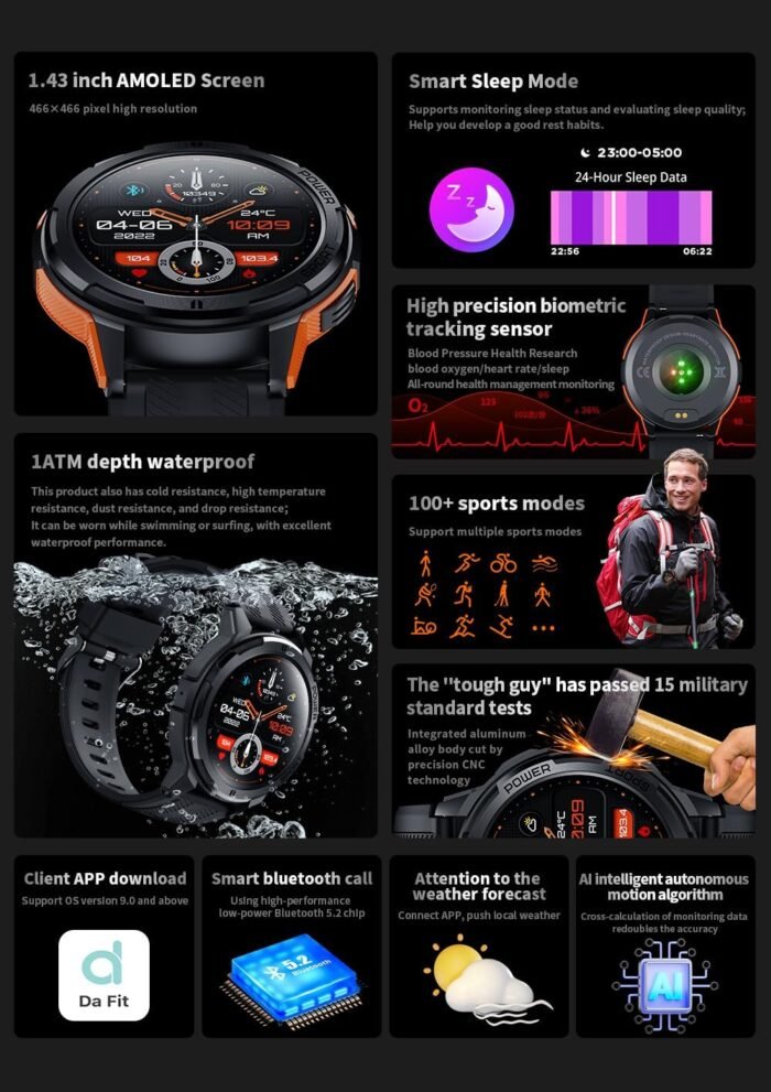 Gravity C25 1.43" AMOLED Smartwatch with Always-On Display, Bluetooth Call, AI Voice, 100+ Sports Modes, Heart Rate & Sleep Monitor, 1 ATM Waterproof, Fitness Tracker for iOS & Android (Gray) - Image 10