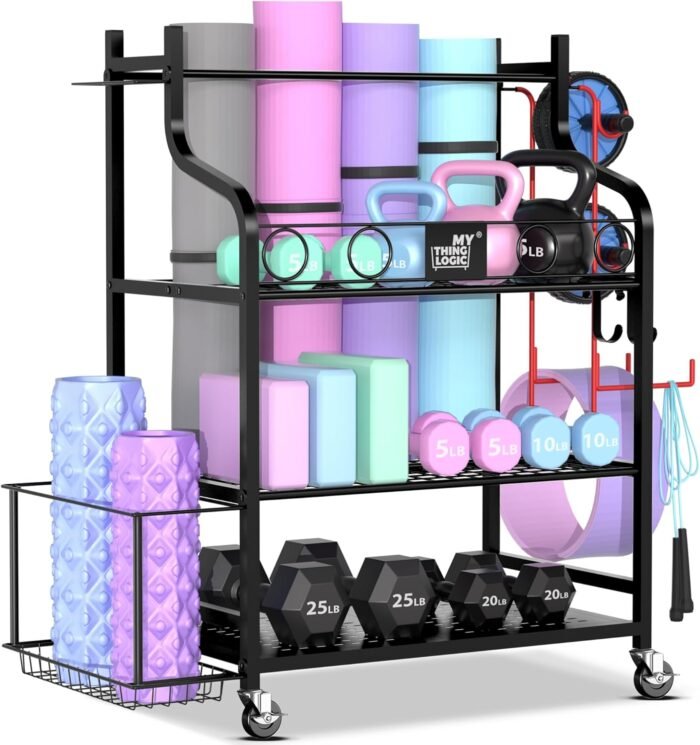 Mythinglogic Yoga Mat Storage Racks,Home Gym Storage Rack for Dumbbells Kettlebells Foam Roller, Yoga Strap and Resistance Bands, Workout Equipment Storage Organizer With Hooks and Wheels - Image 2