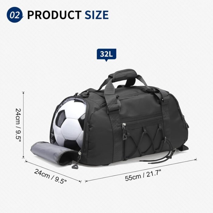 Unisex Travel Duffle Bag for Men Women, Waterproof Gym Bag with Shoe Compartment & Football Compartment, 32L Carry on Bag for Sports & Fitness, Black - Image 4