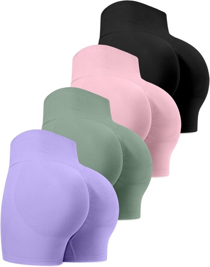 CHRLEISURE Workout Gym Biker Shorts, High Waisted Butt Lifting Scrunch Butt Sports Seamless Shorts Sets 4 Piece - Image 2