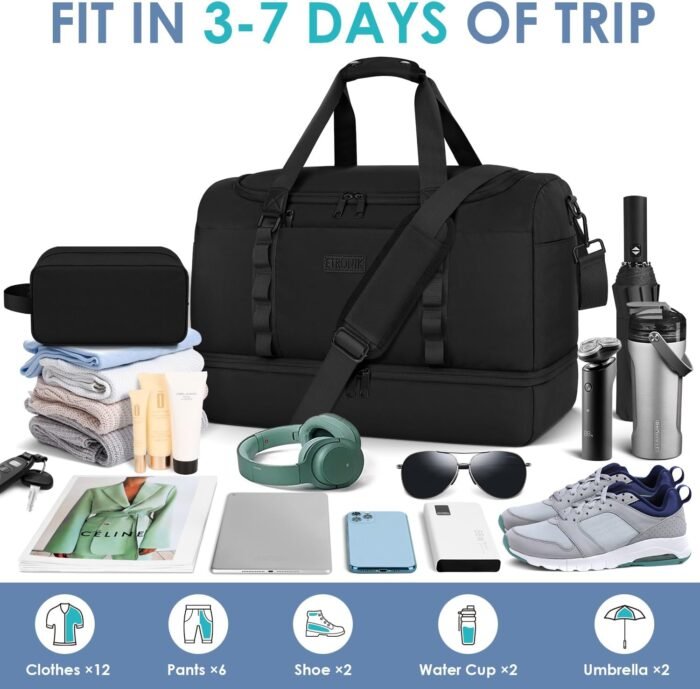 ETRONIK Gym Bag for Men Women, Large Travel Duffle Bag with Shoe Compartment, Carry on Bag with Toiletry Bag, Weekender Overnight Bag for Sports Business Trip, Black - Image 5