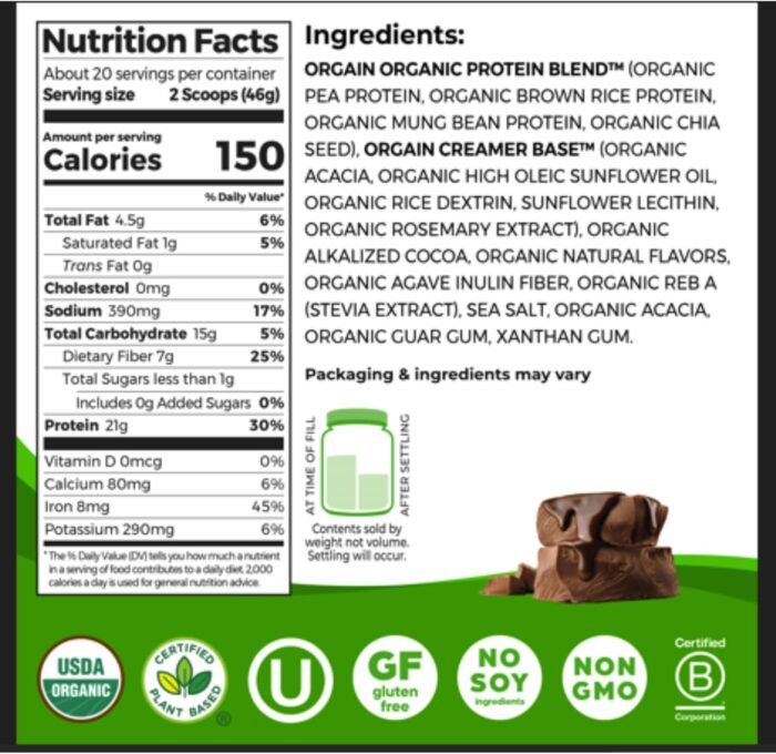 Orgain Organic Vegan Protein Powder, Creamy Chocolate Fudge - 21g Plant Protein, 6g Prebiotic Fiber, Low Net Carb, No Lactose Ingredients, No Added Sugar, Non-GMO, For Shakes & Smoothies, 2.03 lb - Image 3
