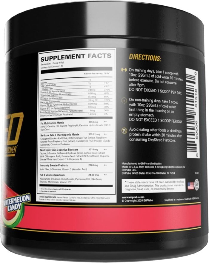 EHP Labs OxyShred Hardcore Super Dosed Pre Workout Powder - Preworkout Powder with L Glutamine & Acetyl L Carnitine, Energy Boost Drink - 275mg of Caffeine - Watermelon Candy, 40 Servings - Image 9