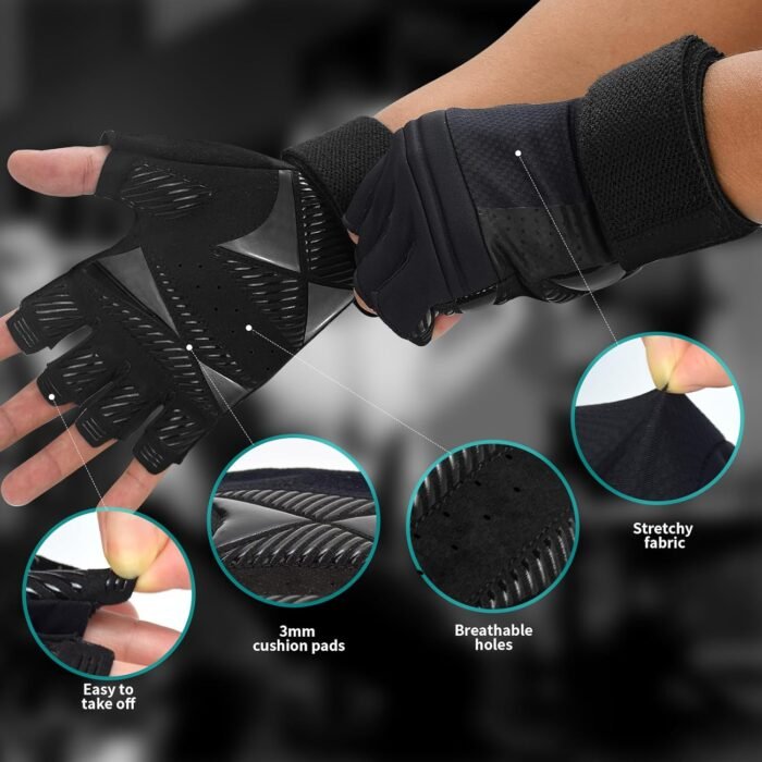 Weight Lifting Gloves for Men and Women with Wrist Wrap Support, Full Palm Protection Workout Gloves with Cushion Pads, Silicone Grip Gym Gloves for Weightlifting, Training, Exercise, Fitness - Image 3