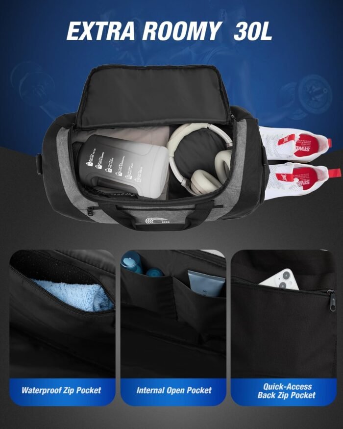 Gonex Gym Duffel Bag with Shoe Compartment Wet Pocket, Large Capacity Sports Duffle Bag for Men Women, Workout & Travel Bag with Multiple Pockets, Black/Gray, Small (30L) - Image 3