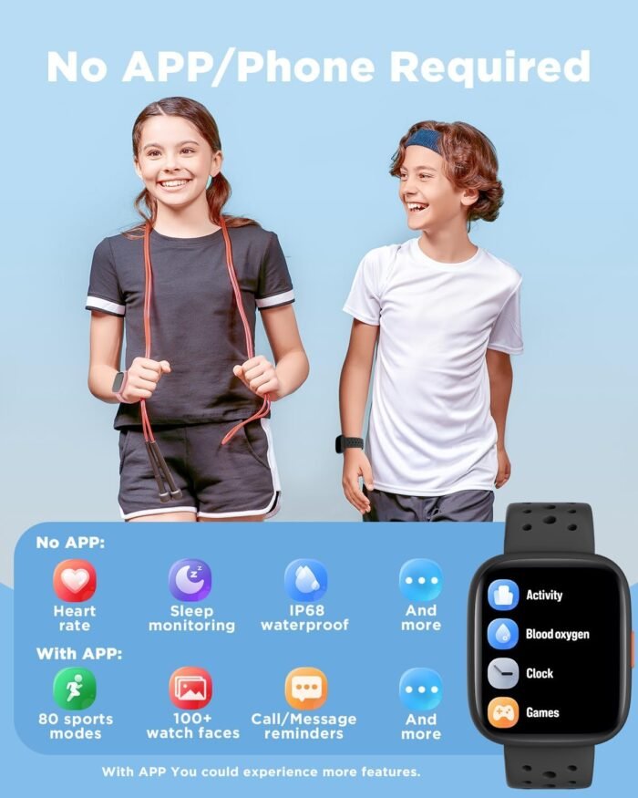 BIGGERFIVE Smart Watch for Kids, 1.8" Fitness Tracker Watch Pedometer, Heart Rate, Sleep Monitor, IP68 Waterproof, Calorie Step Counter, Puzzle Games with/Without APP for Girls Boys Teens 5-16, Black - Image 3